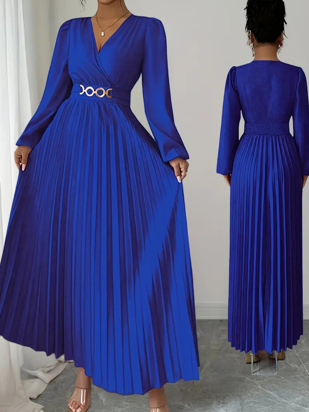 Elegant Royal Blue Pleated Long Sleeve Maxi Dress